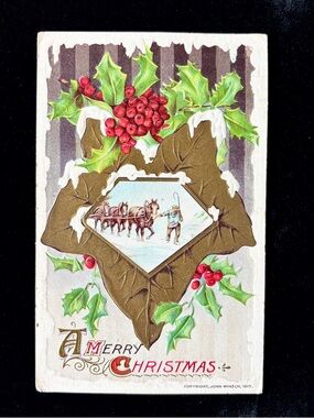 Antique John Winsch 1910 Christmas Postcard Embossed Gold Holly Horses Sleigh